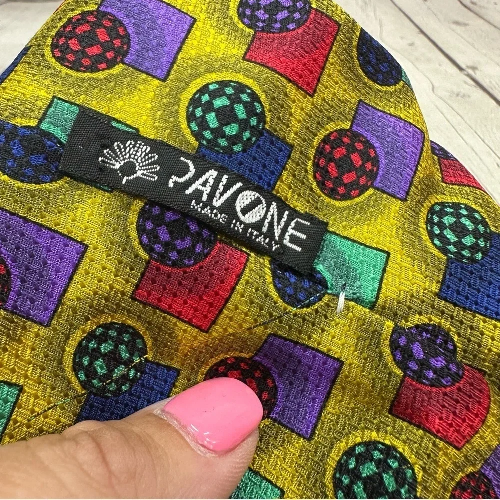 vintage pavone made in italy Colorful geometric Patterned silk Tie